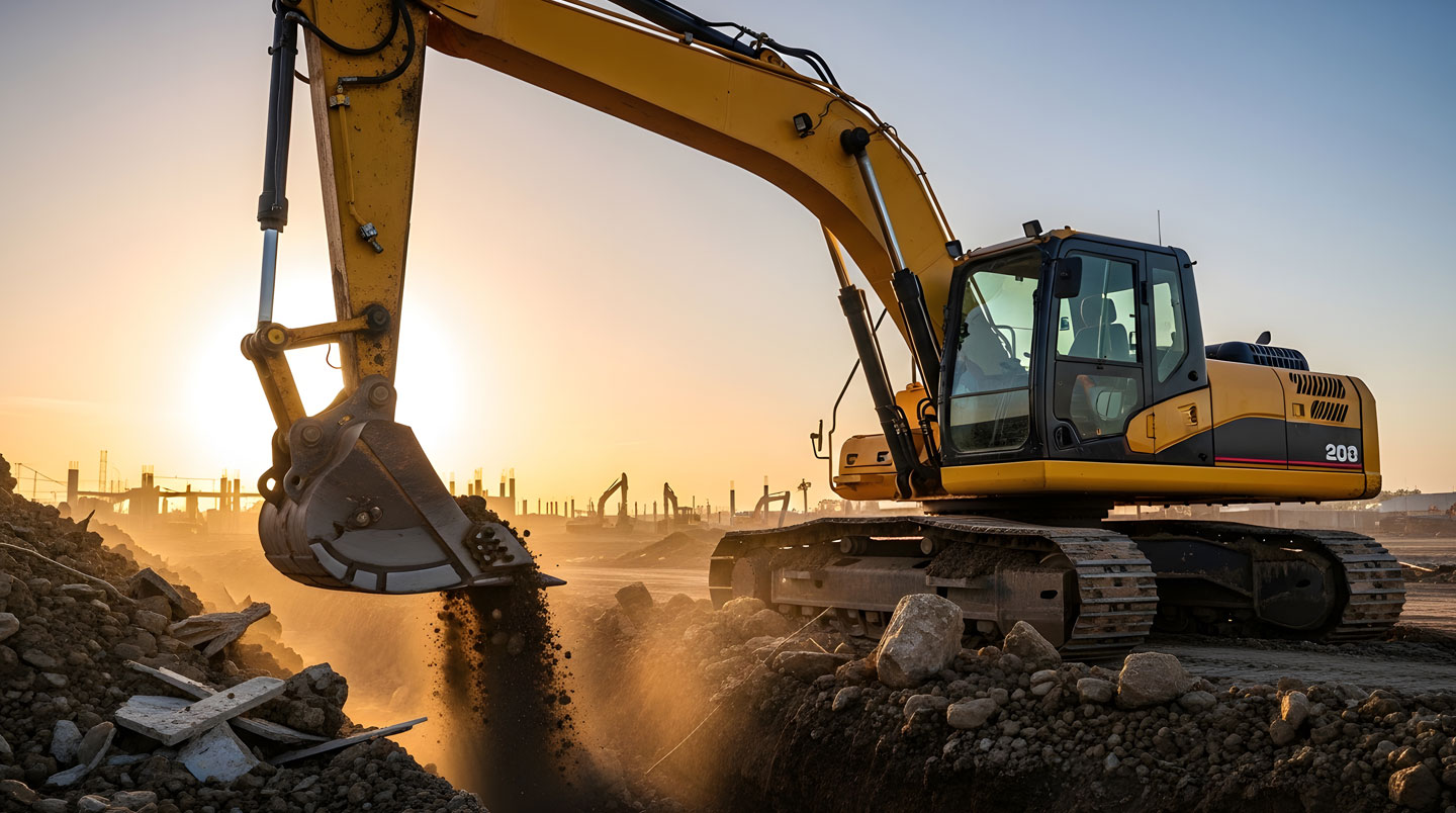 Mini-excavatrice compacte en opération dans une cour résidentielle étroite au Québec, installation drain français, espace limité