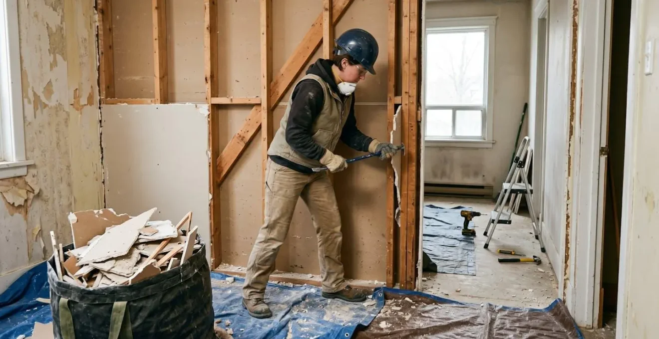 Travailleur effectuant une démolition sélective dans une maison en rénovation au Québec, cloisons retirées et matériaux triés