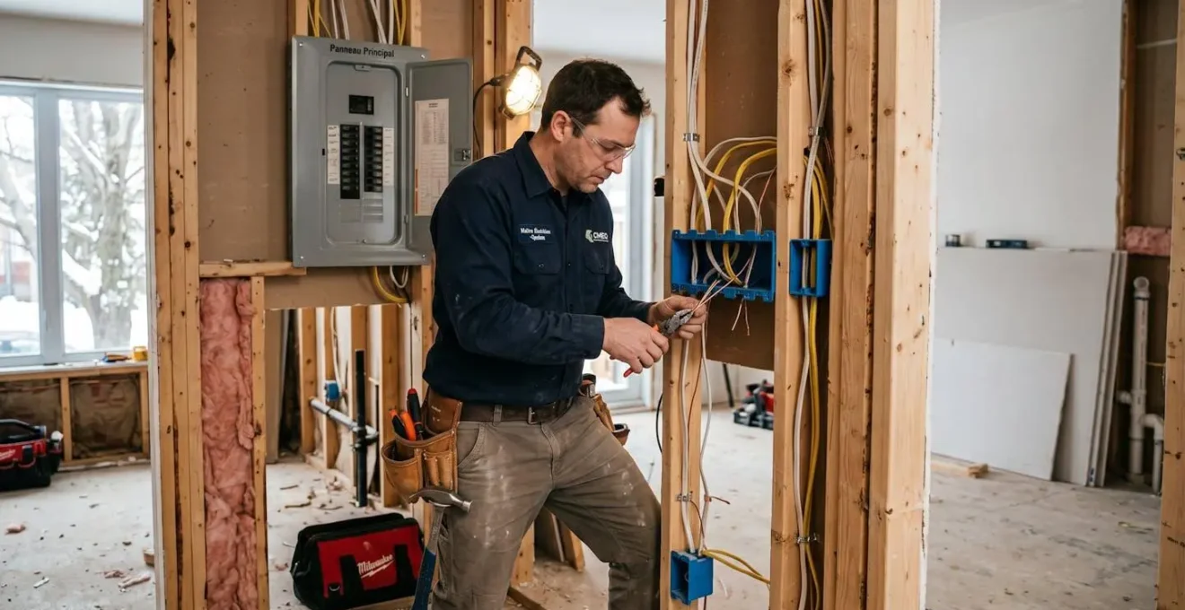 Électricien installant le câblage brut dans une maison en rénovation, murs ouverts et structure visible