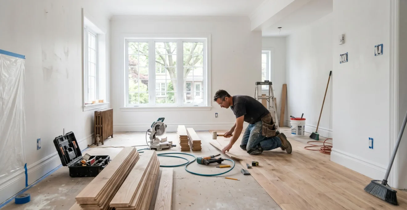 Intérieur d'une maison en phase de finitions, peinture fraîche sur les murs et plancher de bois franc en cours de pose