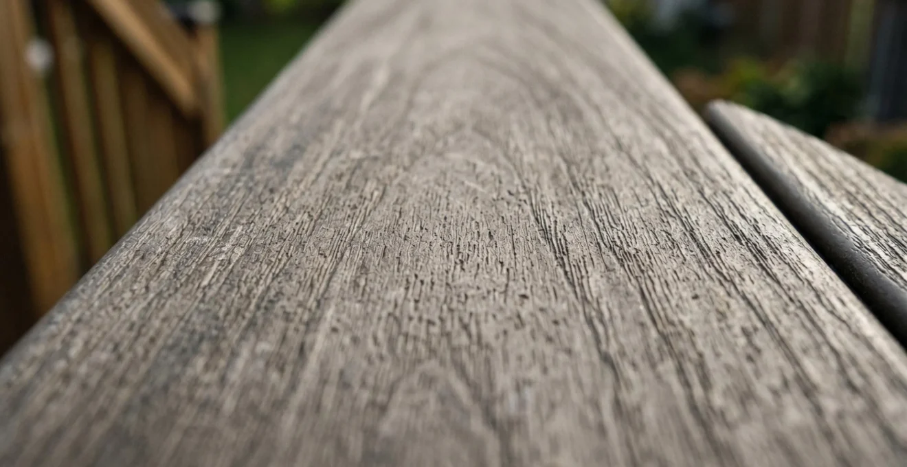 Gros plan détaillé sur la surface de lames de patio composite après plusieurs années d'exposition au climat québécois, montrant l'absence de décoloration ou fissures