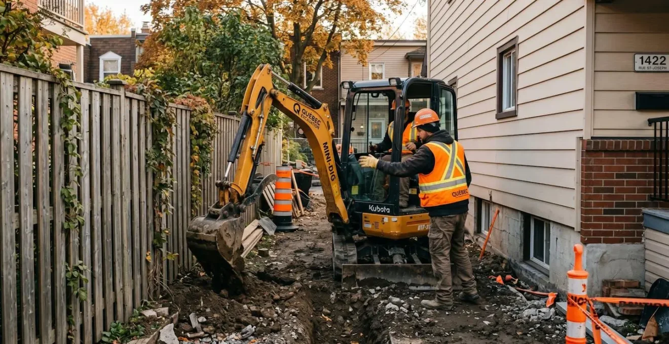 Mini-excavatrice compacte en opération dans une cour résidentielle étroite au Québec, installation drain français, espace limité