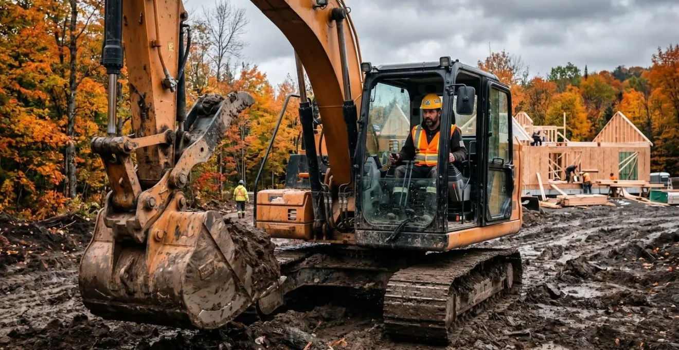 Opérateur d'excavatrice travaillant sur un chantier résidentiel à Trois-Rivières, préparation du terrain pour fondations