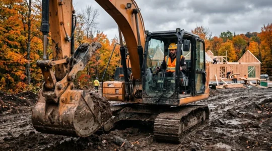 Opérateur d'excavatrice travaillant sur un chantier résidentiel à Trois-Rivières, préparation du terrain pour fondations