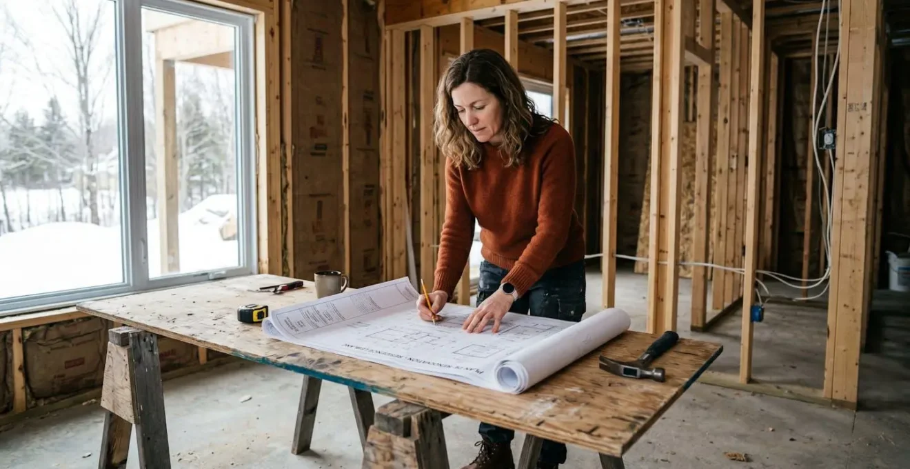 Propriétaire québécois examinant les plans d'une rénovation résidentielle sur un chantier en cours