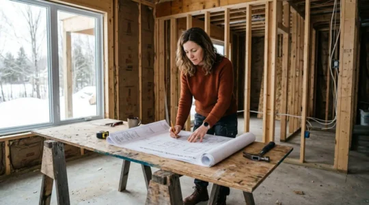 Propriétaire québécois examinant les plans d'une rénovation résidentielle sur un chantier en cours