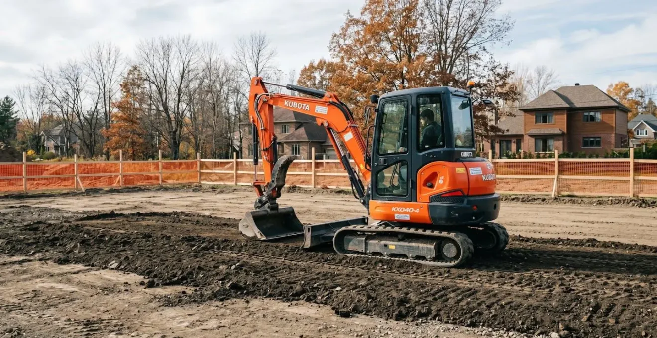 Terrain résidentiel en cours de nivellement en Mauricie, tracteur de terrassement actif, horizon dégagé, préparation fondation maison
