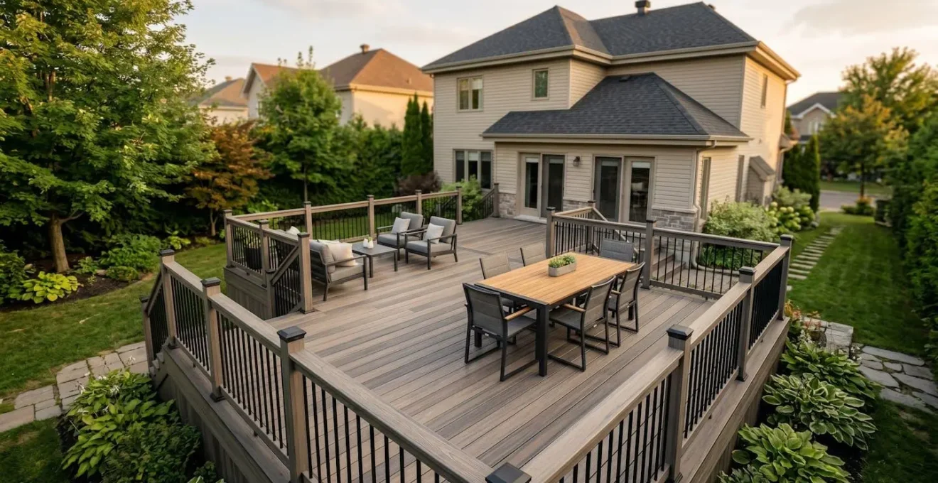 Vue aérienne d'un patio composite haut de gamme aux tons gris-brun avec rampe assortie et mobilier contemporain, installé dans une cour arrière résidentielle de la Rive-Nord de Montréal
