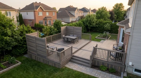 Vue aérienne d'un patio composite haut de gamme aux tons gris-brun avec rampe assortie et mobilier contemporain, installé dans une cour arrière résidentielle de la Rive-Nord de Montréal
