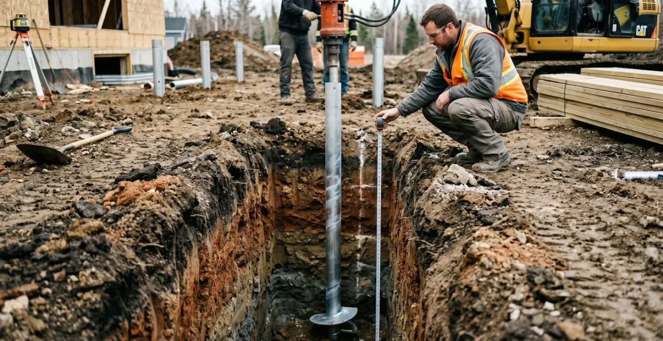 Vue de chantier montrant des pieux de fondation de patio enfoncés sous la ligne de gel avec sol excavé révélant les couches de terre, un technicien vérifiant la profondeur
