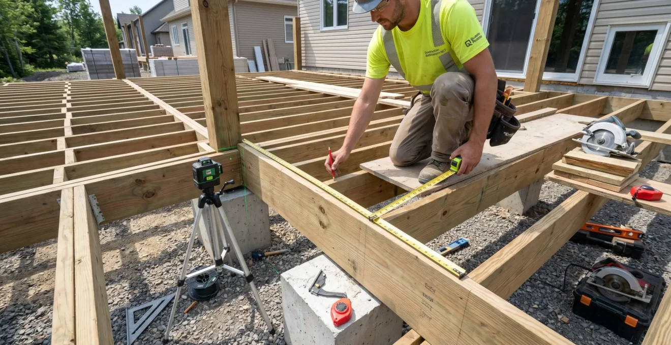 Vue en plongée d'un chantier de patio en construction montrant la structure de solives et un technicien effectuant des mesures de distances avec ses outils professionnels