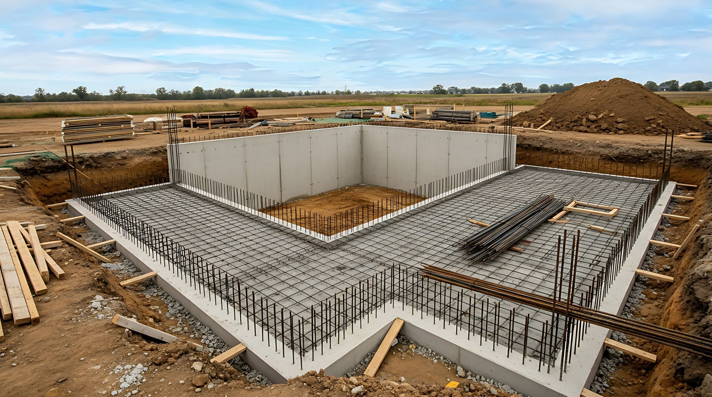 Vue de chantier montrant des pieux de fondation de patio enfoncés sous la ligne de gel avec sol excavé révélant les couches de terre, un technicien vérifiant la profondeur