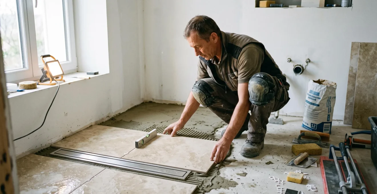 Carreleur professionnel installant des carreaux dans une douche à l'italienne en cours de rénovation.