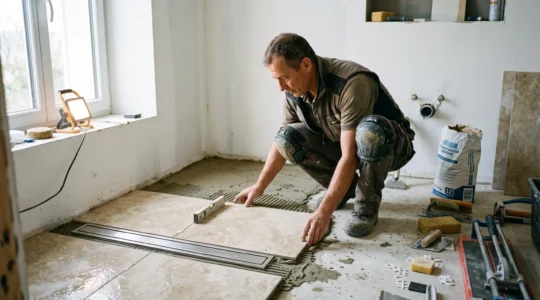 Carreleur professionnel installant des carreaux dans une douche à l'italienne en cours de rénovation.