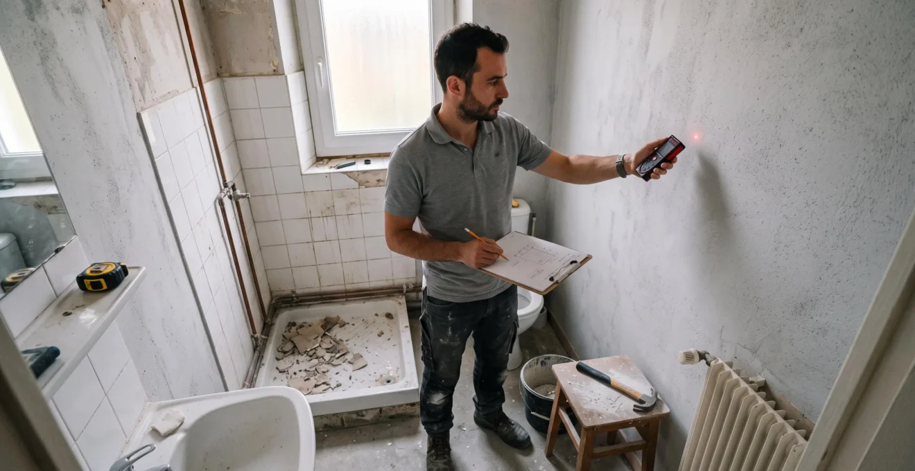 Professionnel de la rénovation prenant des mesures dans une petite salle de bain résidentielle.